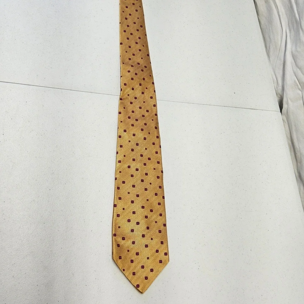 Holland & Sherry Necktie Mens OS Gold Herringbone‎ Floral Silk Hand Made USA